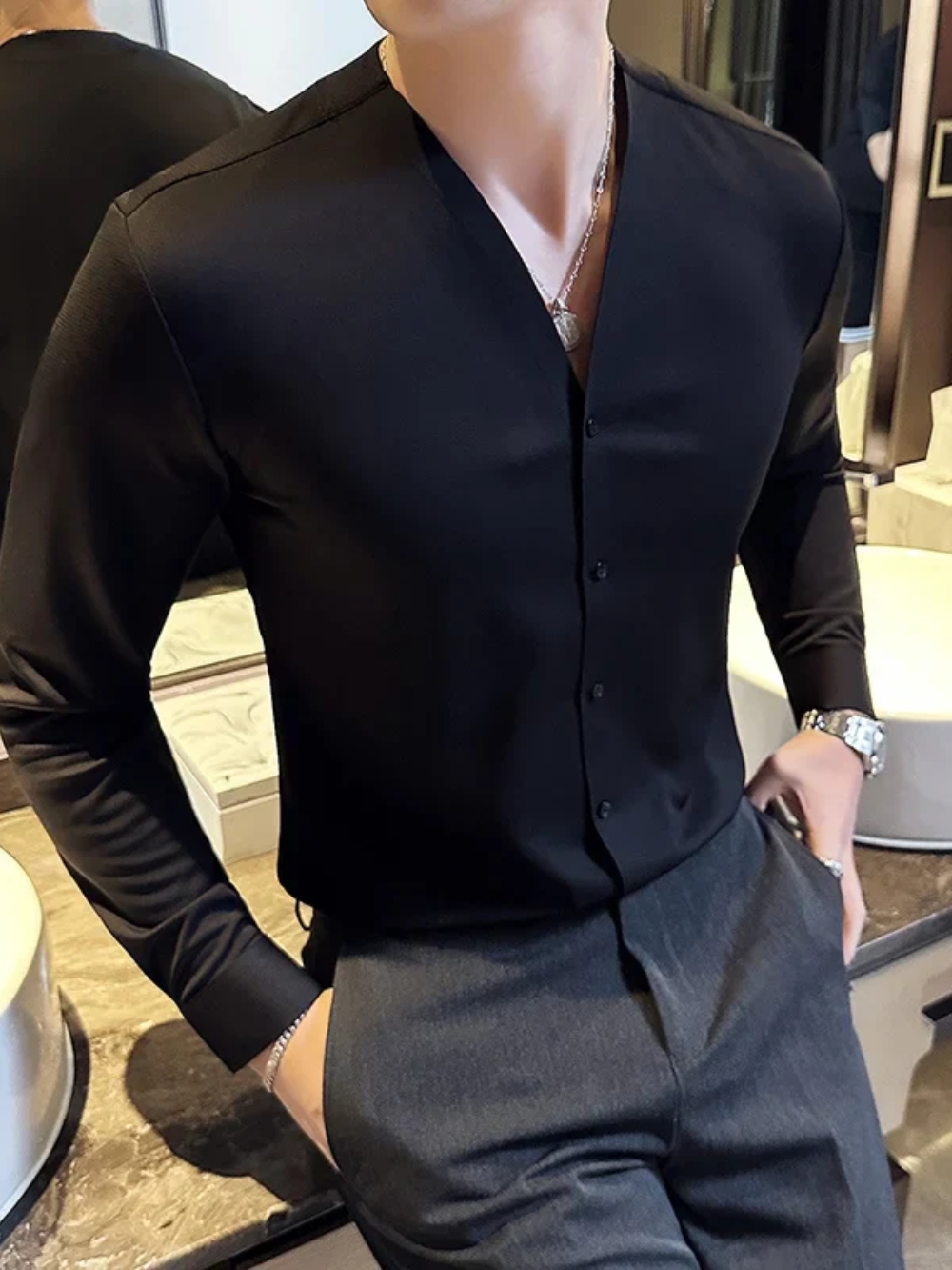 DALTON® V-Neck Long Sleeve Shirt for Men
