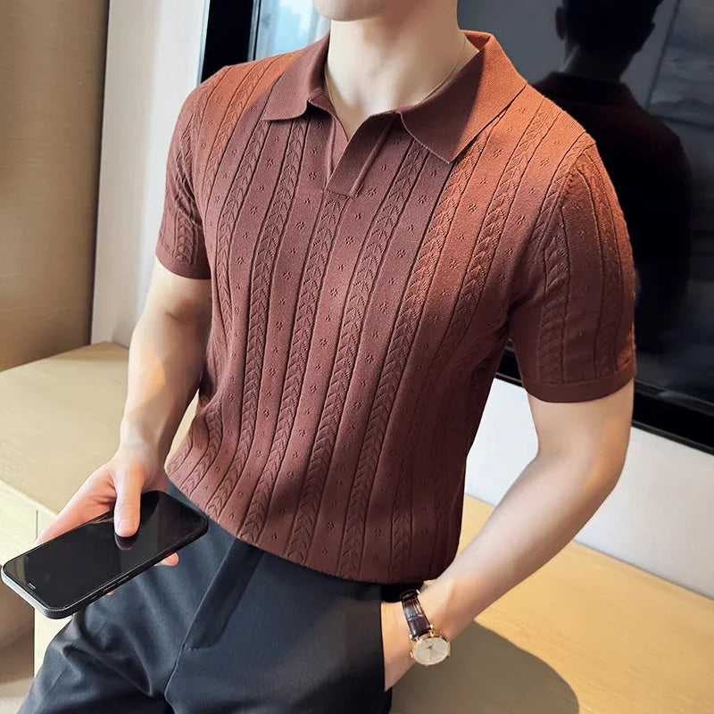 SALISBURY® 2025 Men's Striped Jacquard Knit Polo Shirt with V-Neck
