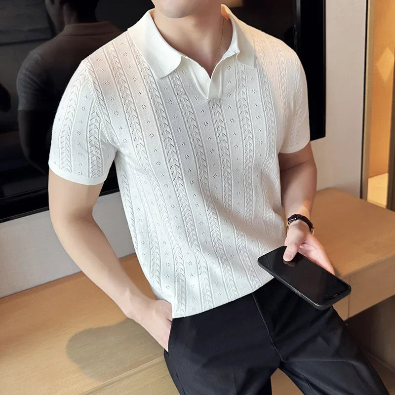 SALISBURY® 2025 Men's Striped Jacquard Knit Polo Shirt with V-Neck