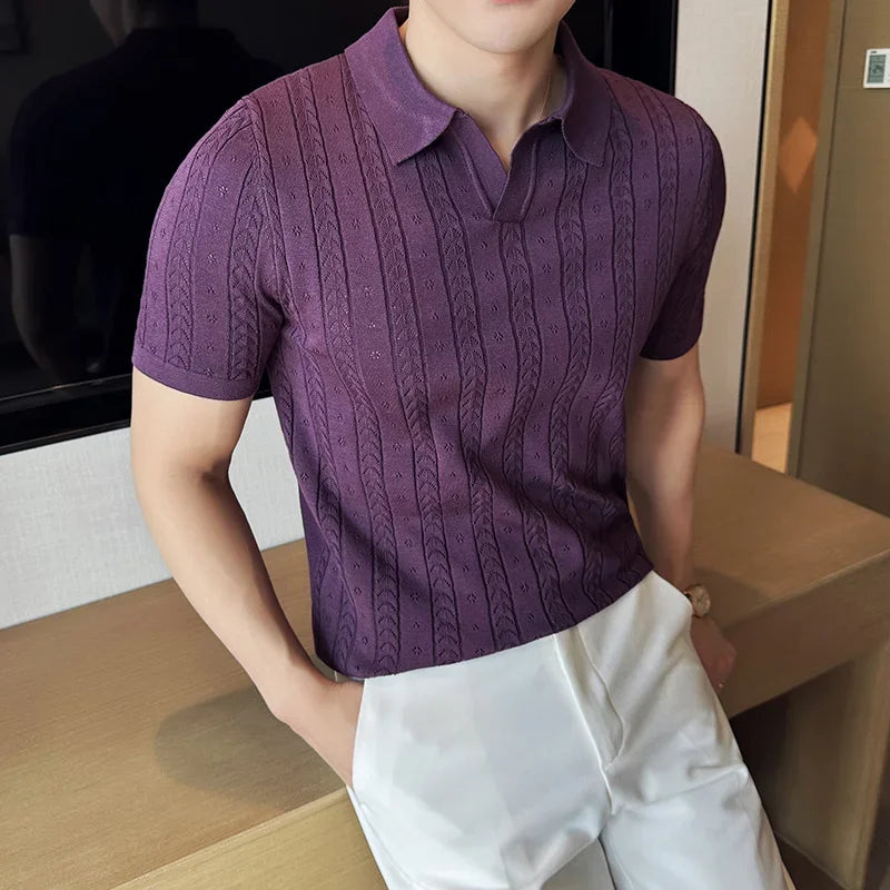 SALISBURY® 2025 Men's Striped Jacquard Knit Polo Shirt with V-Neck
